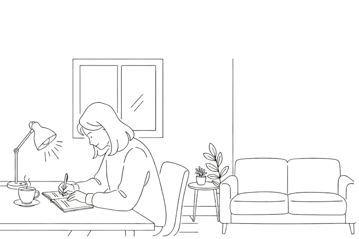 夜の静かなデスクでノートに書く人のイラスト。ランプの光に包まれながら、1日をリセットするジャーナリング時間を表現した画像。