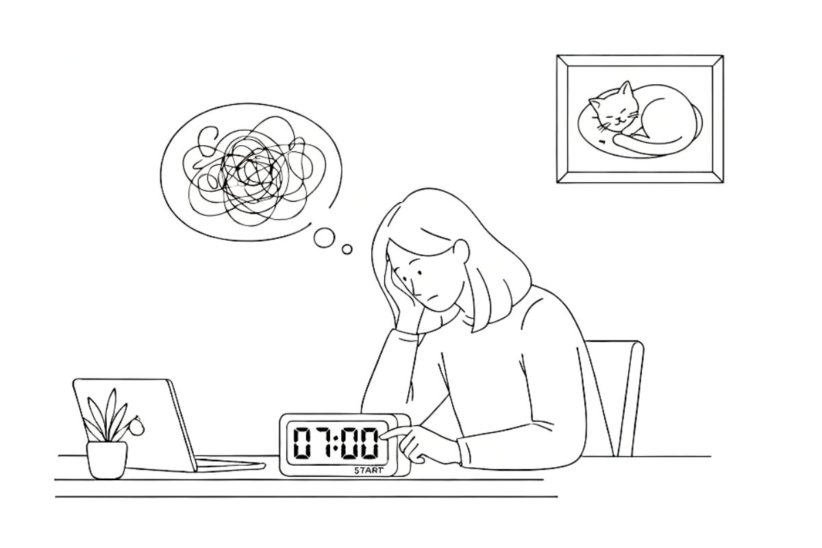 集中できずに悩んでいる女性の線画イラスト