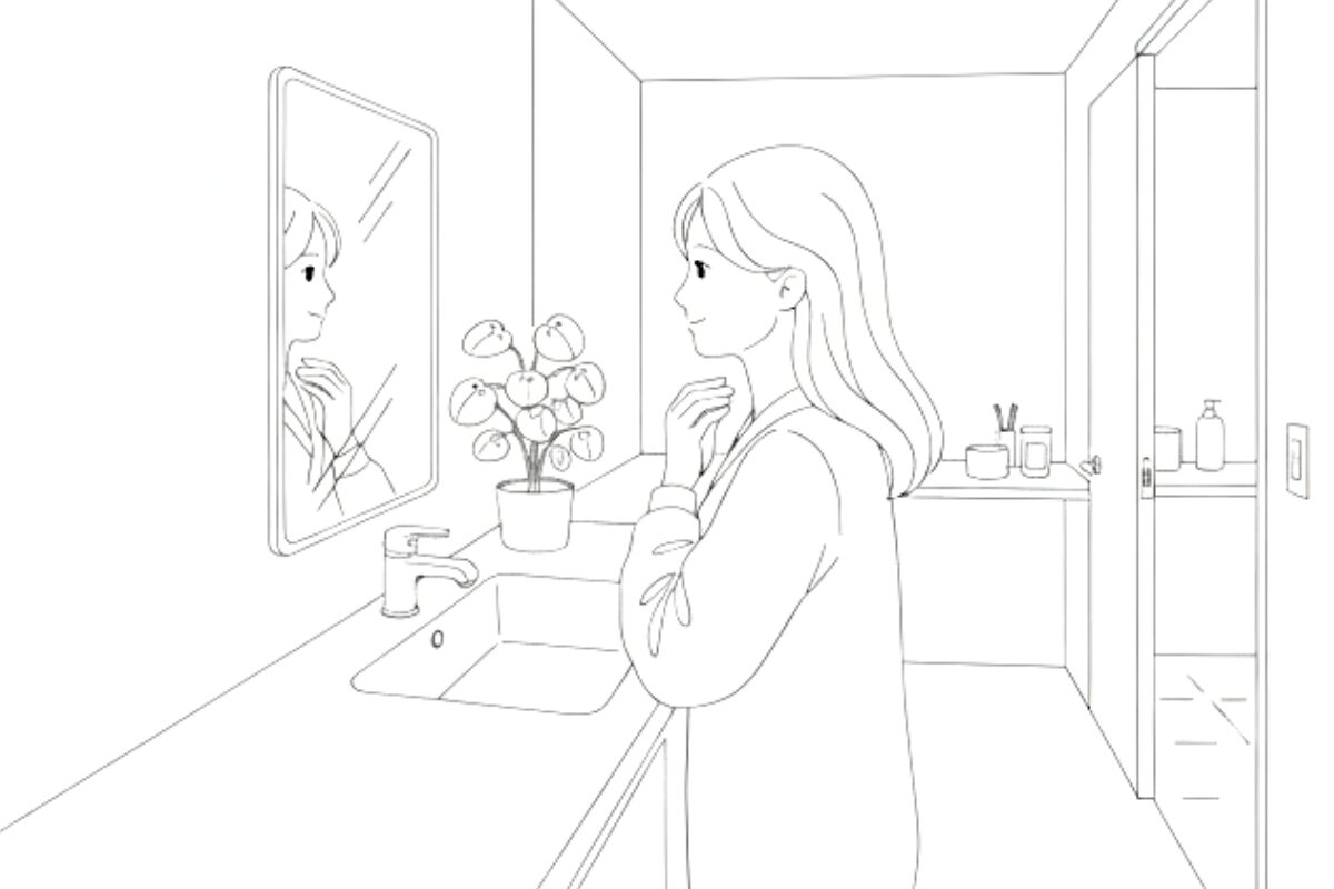 鏡に向かって微笑む