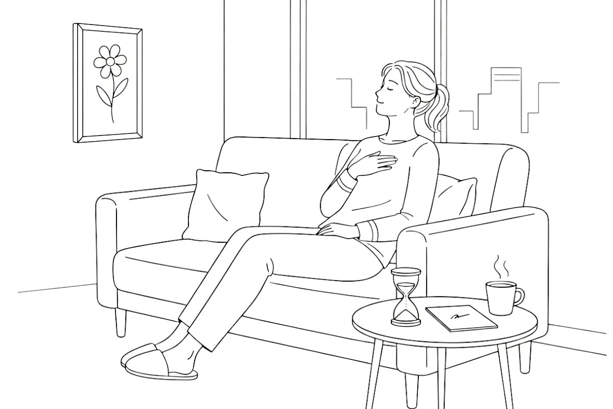 落ち込んだ心を整えるために深呼吸する姿を描いた線画イラスト
