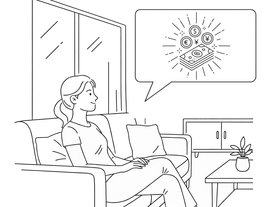 豊かさをイメージしたコインと紙幣の線画