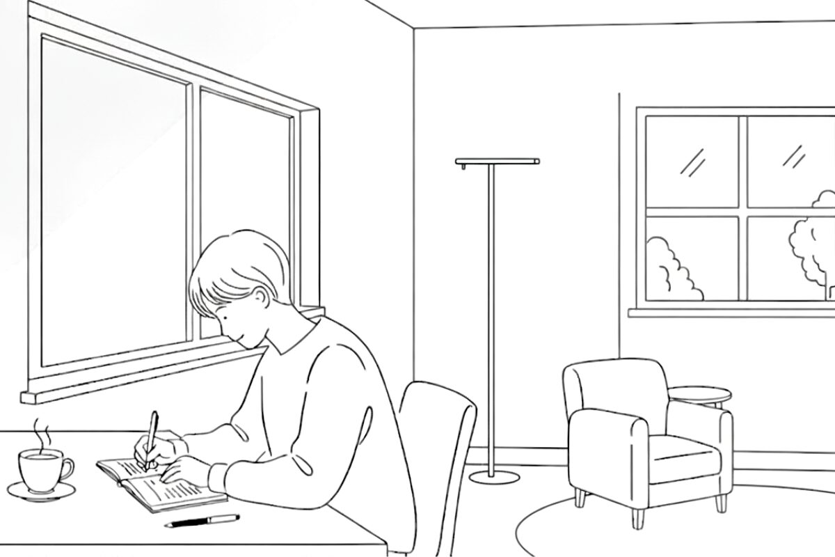 朝の光の中でノートに言葉を書き出す手元を描いた白黒線画。モーニングページの静かな時間を表すイラスト。